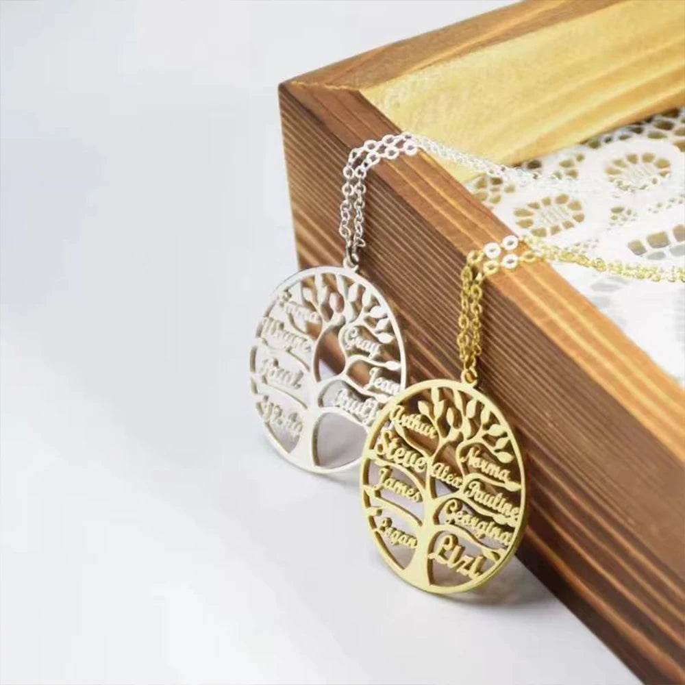 Customized Tree of Life Name Necklace Personalized Stainless Steel Pendant Collar Mother, Child, Family Member Names